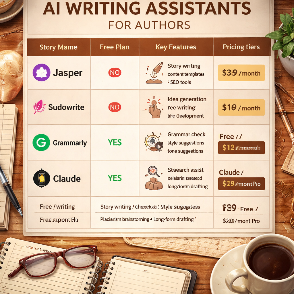 A realistic infographic showing key features and price tiers of top AI writing assistants for authors. Alt: author AI writing assistant pricing features table.