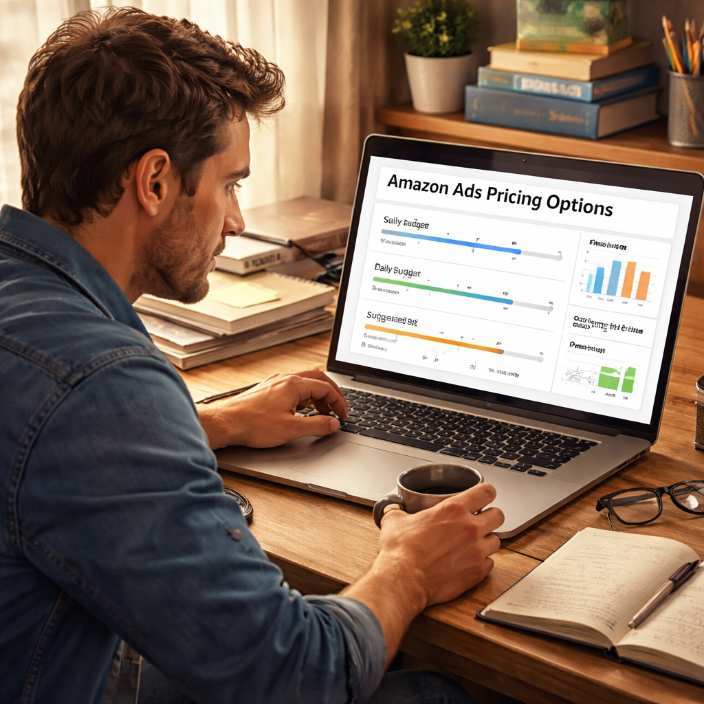 A realistic illustration of an author reviewing Amazon ad pricing options on a laptop, with charts and bid sliders visible. Alt: author Amazon ads pricing guide visual