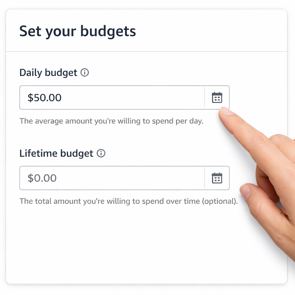 A clean dashboard screenshot of Amazon Advertising Console showing daily and lifetime budget fields, with a hand pointing at the input boxes. Alt: setting daily and lifetime budgets in AMS