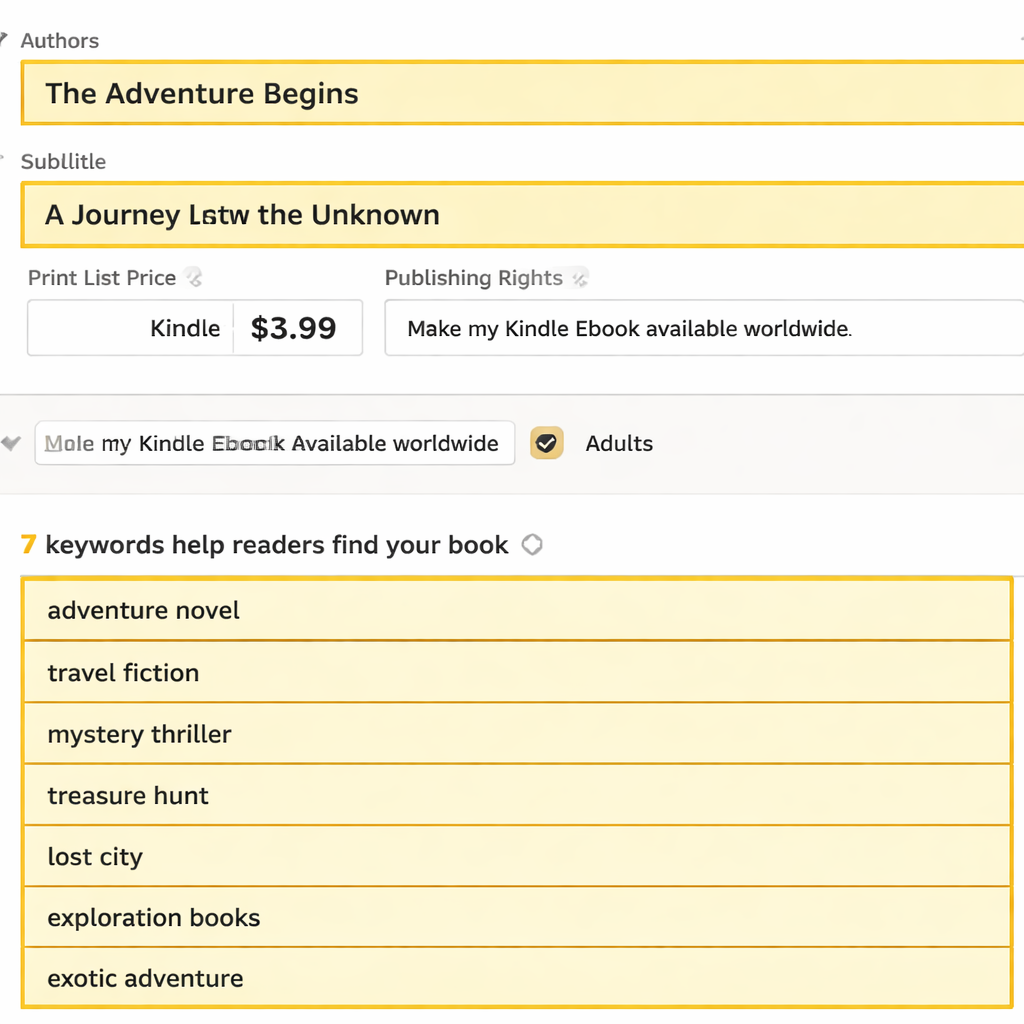 A realistic illustration of an author’s Amazon book page with highlighted title, subtitle, and backend keyword fields. Alt: author Amazon algorithm optimization pricing metadata view