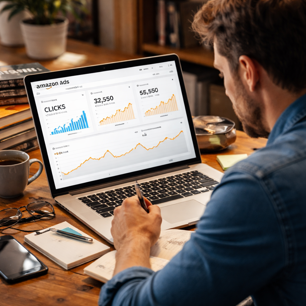 A realistic scene of an author reviewing Amazon ad metrics on a laptop, with charts of clicks, spend, and ACOS. Alt: author Amazon algorithm optimization pricing ad dashboard