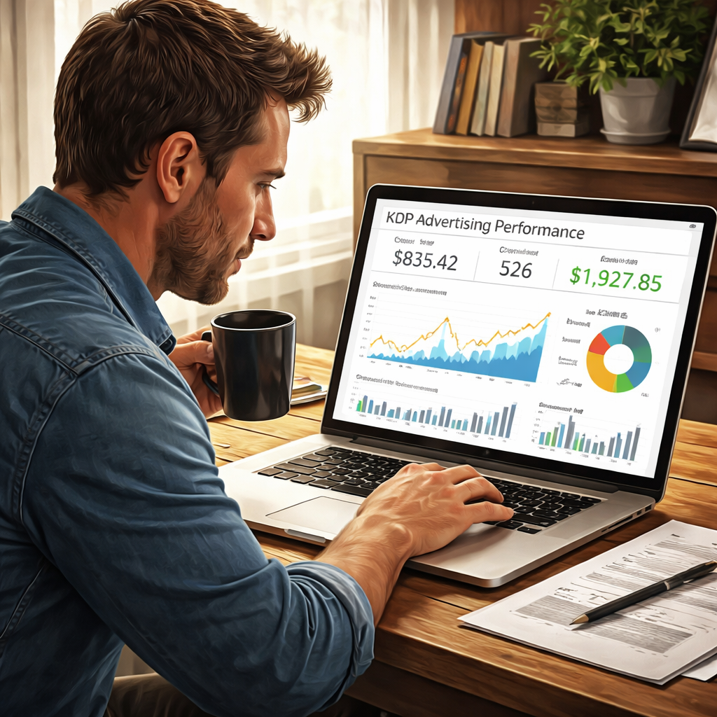 A realistic illustration of an author reviewing ad performance on a laptop, showing charts and numbers. Alt: author Amazon KDP ads cost analysis