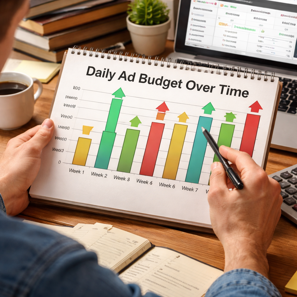A realistic chart showing an author adjusting daily ad budgets over weeks, with arrows indicating increases and decreases. Alt: author Amazon KDP ads cost budget monitoring