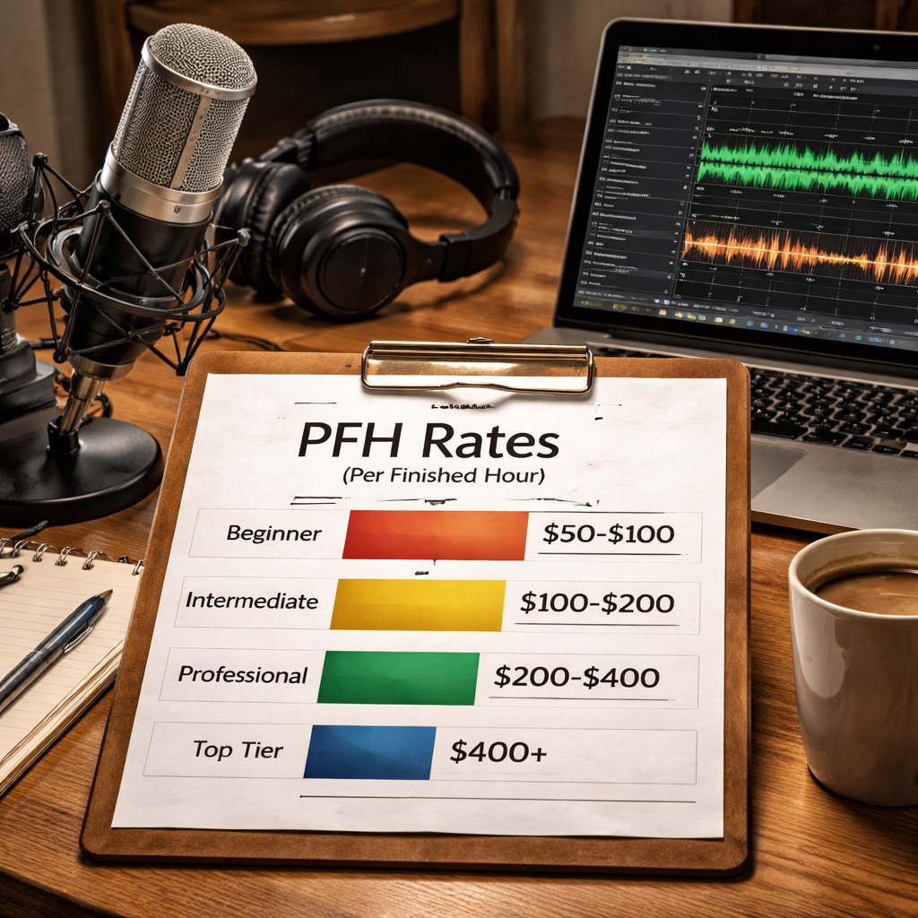 A realistic illustration of a table showing PFH rates, a microphone, and a laptop screen with editing software. Alt: author audiobook editing price comparison chart