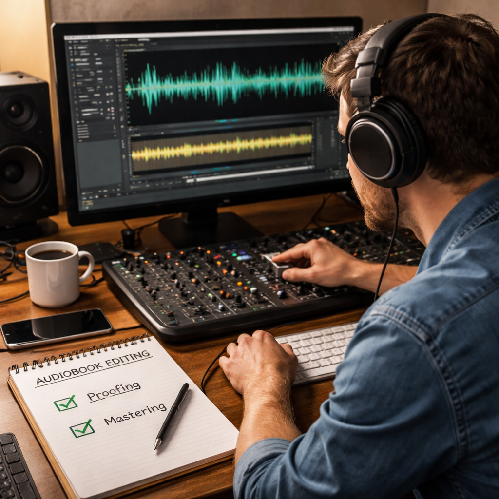 A realistic scene of an audio engineer at a computer, waveform on screen, headphones, and a note pad with checklist items proofing and mastering. Alt: audiobook editing workflow with proofing and mastering steps
