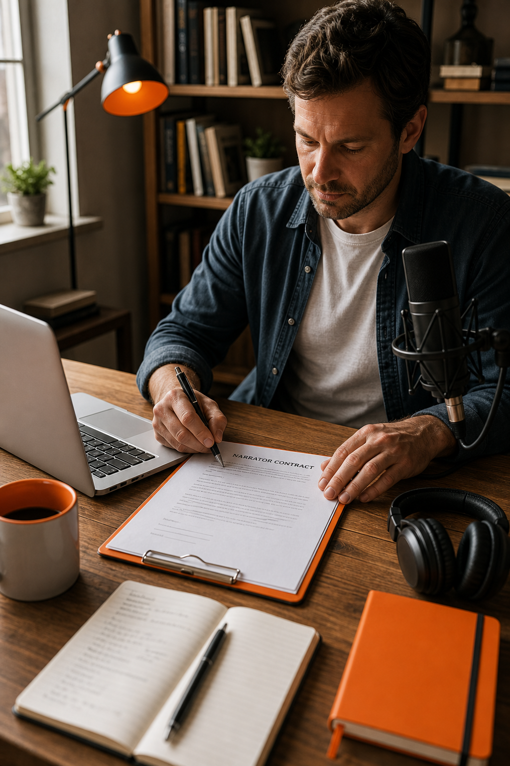 A photorealistic desk scene showing a writer, a laptop, and a microphone, with a contract on the desk, illustrating project scope for an audiobook. Alt: writer with narrator contract and gear planning a project