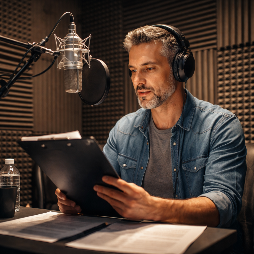 A realistic studio scene with a microphone, sound‑proof panels, and a narrator reading a script. Alt: author audiobook production cost narration studio.