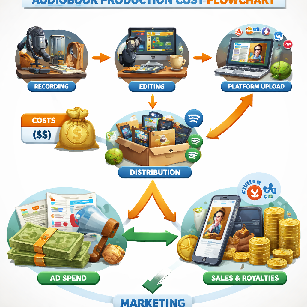 A realistic infographic showing a flowchart from production to distribution to marketing, with icons for recording, editing, platform upload, and ad spend. Alt: author audiobook production cost flowchart.