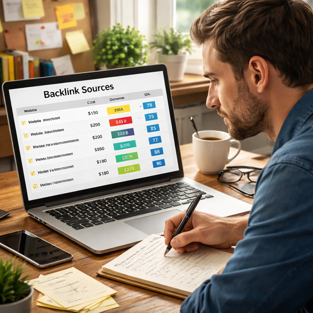 A realistic illustration of an author reviewing a list of backlink sources on a laptop, showing cost tags and domain authority scores. Alt: author backlink building cost sources