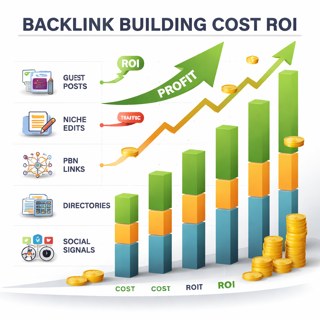 A clear chart showing ROI from different backlink strategies, with arrows pointing to profit and traffic growth. Alt: author backlink building cost ROI chart