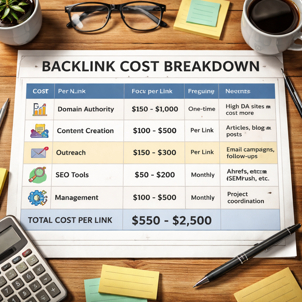A realistic illustration of a spreadsheet breaking down backlink cost components, showing rows for domain authority, content creation, outreach, tools, and management. Alt: detailed backlink cost breakdown for authors.
