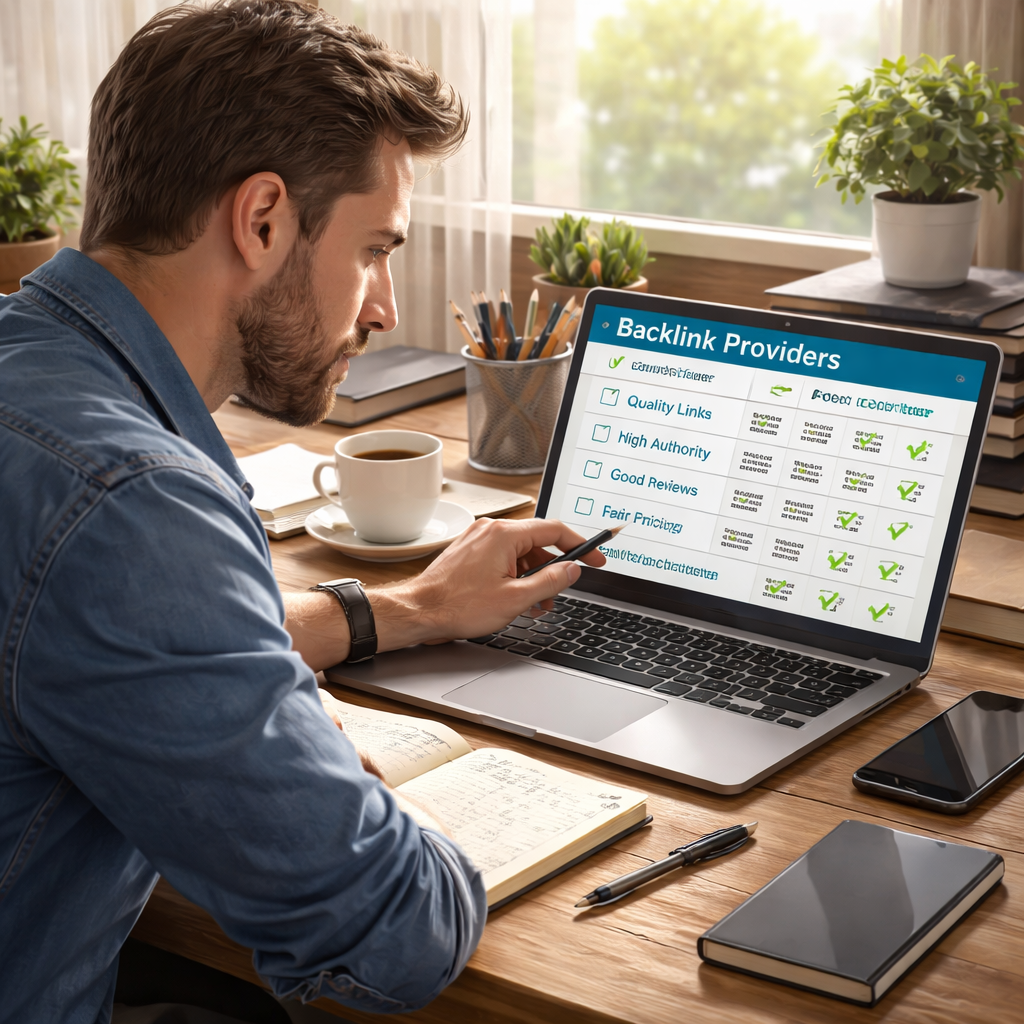 A realistic illustration of an author reviewing a list of backlink providers on a laptop, with checkmarks for quality criteria. Alt: author evaluating backlink service options.