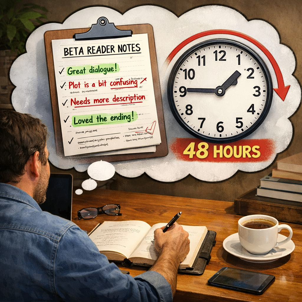 A realistic scene of a writer sitting at a desk with a notebook, laptop, and a cup of coffee, while a thought bubble shows a beta reader&rsquo;s notes and a clock indicating turnaround time. Alt: author beta reader service price comparison visual