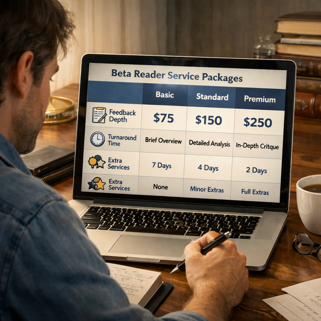 A realistic illustration of a writer looking at a tiered pricing chart on a laptop, with icons for feedback depth, turnaround time, and extra services. Alt: author beta reader service price tier comparison visual