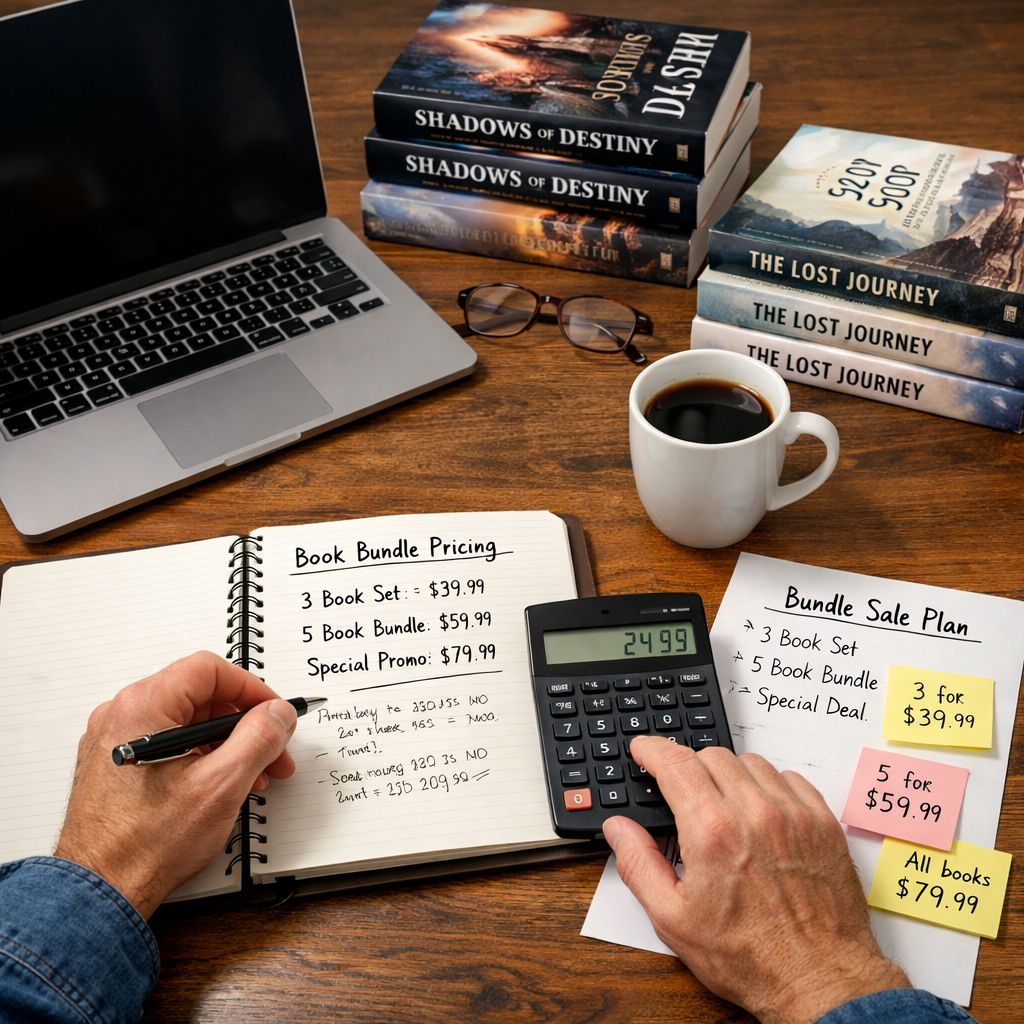 A realistic scene of an author at a desk with a laptop, notebook, and several printed books, showing a calculator and a coffee cup. Alt: author book bundle pricing planning workspace