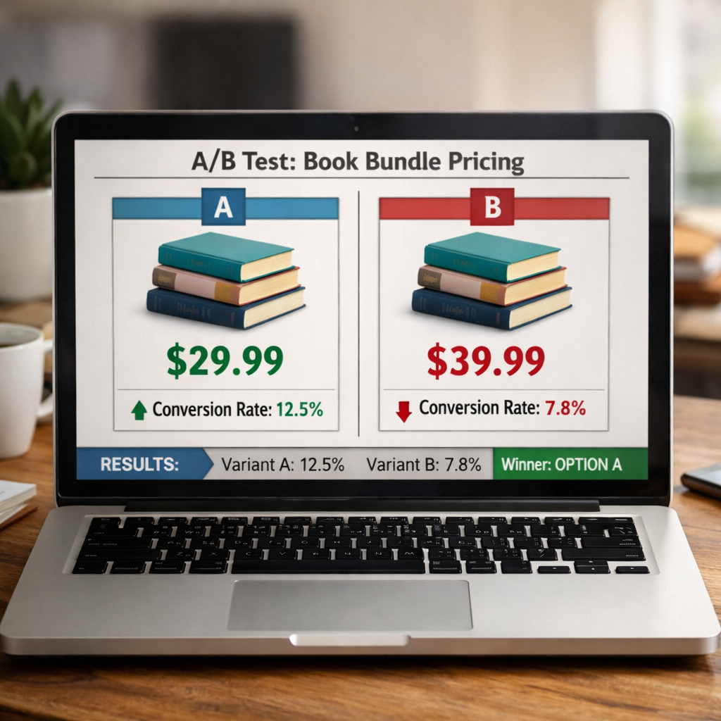 A realistic illustration of a laptop screen showing an A/B test chart with two price options and conversion percentages. Alt: testing author book bundle pricing on a laptop