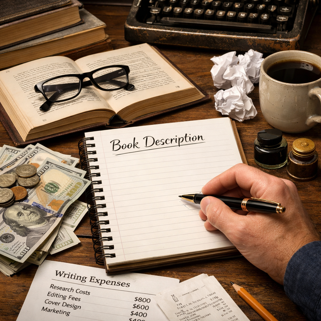 A photorealistic image related to author-book-description-writing-cost. Alt: author-book-description-writing-cost