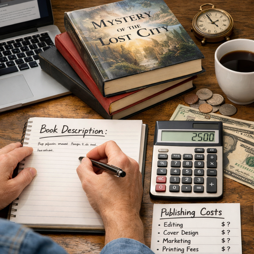 A photorealistic image related to author-book-description-writing-cost. Alt: author-book-description-writing-cost
