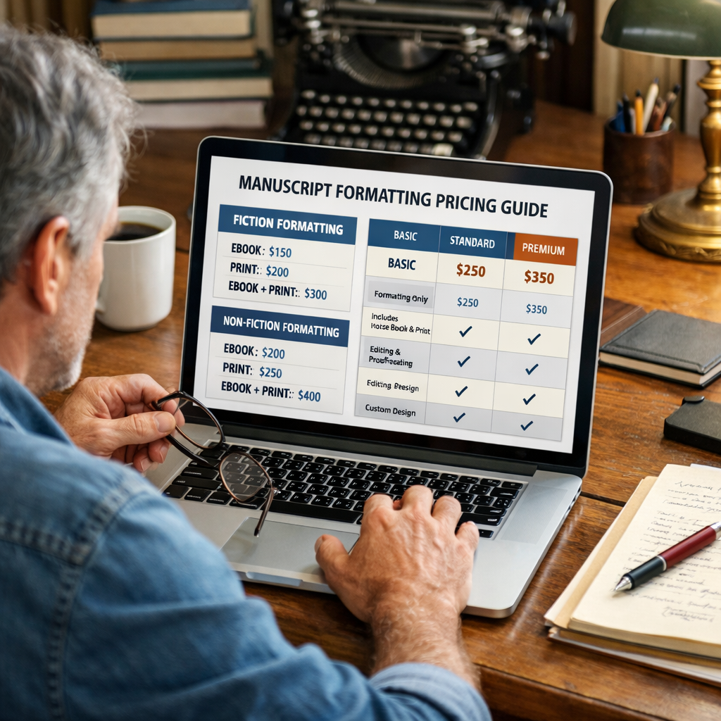 A realistic scene of an author at a desk reviewing a digital manuscript on a laptop, with style guides and pricing charts on the screen. Alt: author book formatting pricing guide visual
