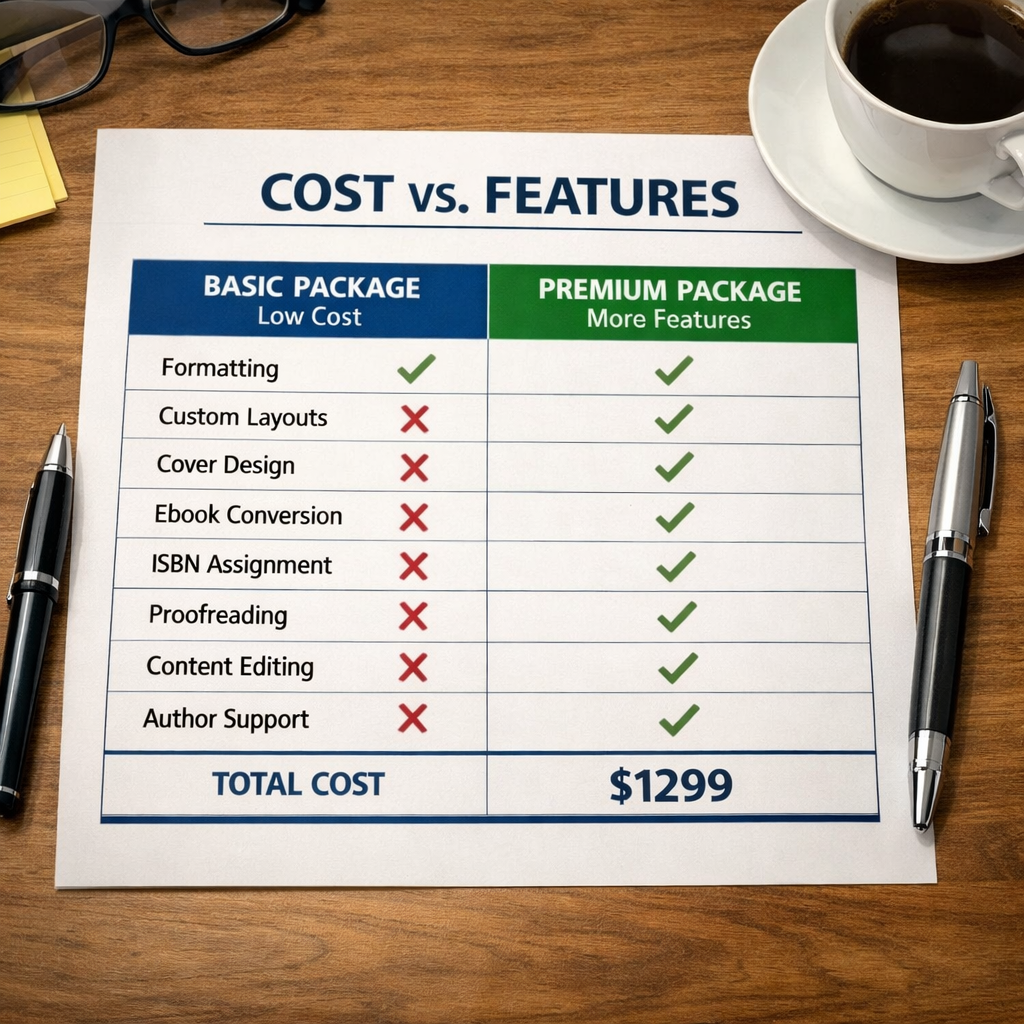 A realistic illustration of a side‑by‑side comparison chart on a desk, with pens and coffee, highlighting cost vs. features. Alt: author book formatting pricing comparison visual