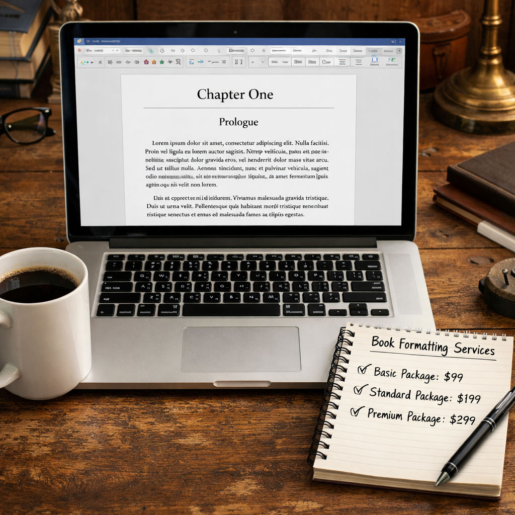 A realistic view of an author&rsquo;s desk with a laptop displaying a clean manuscript layout, a coffee mug, and a notepad. Alt: author book formatting service price visual guide