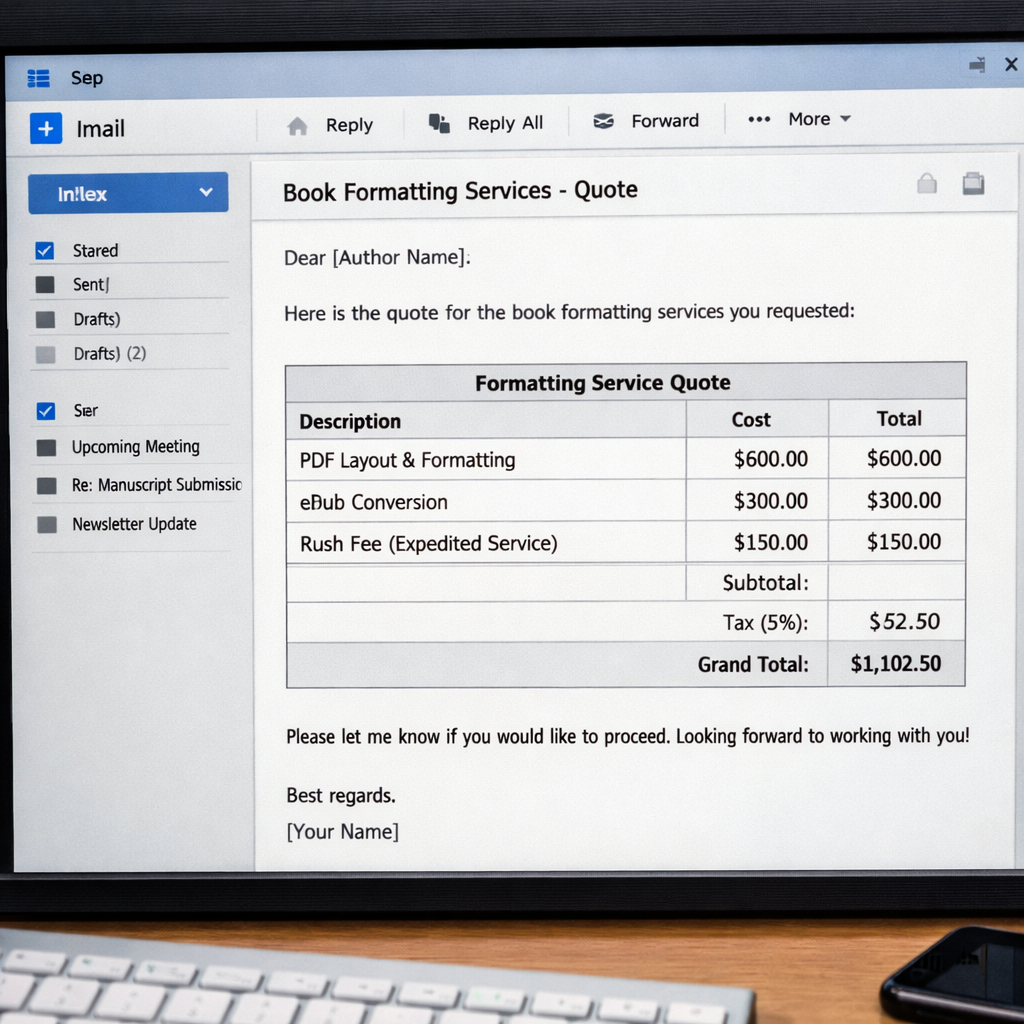 A realistic illustration of an email inbox with a professional formatting quote displayed, showing line items like 