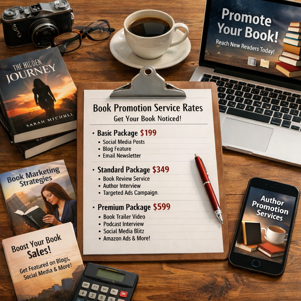 A photorealistic image related to author-book-promotion-service-rates. Alt: author-book-promotion-service-rates