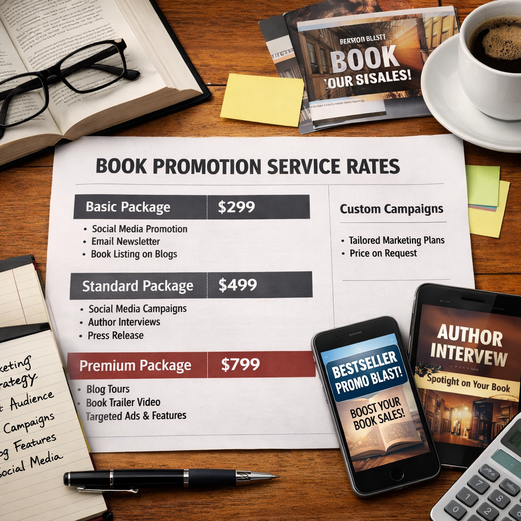 A photorealistic image related to author-book-promotion-service-rates. Alt: author-book-promotion-service-rates