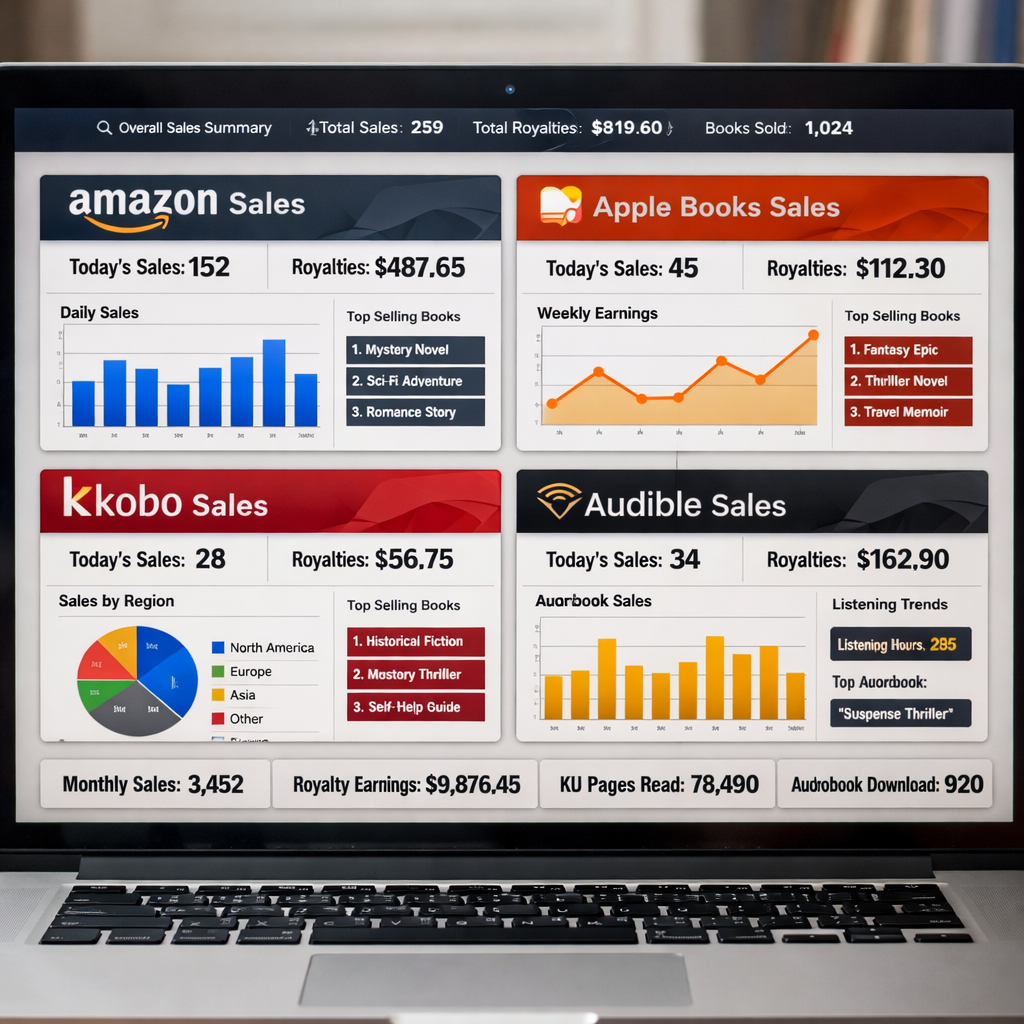 A realistic illustration of a laptop screen showing multiple book‑sales dashboards, with charts and icons representing Amazon, Apple Books, Kobo, and Audible. Alt: author book sales tracking software dashboard overview