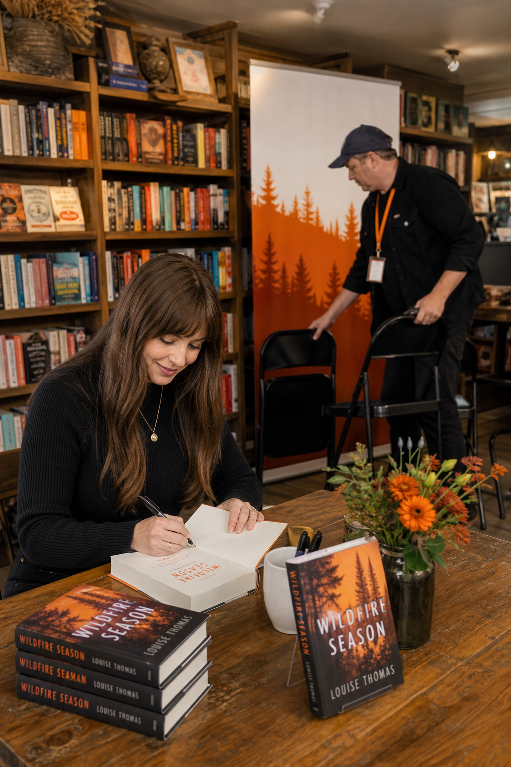A realistic scene of an author signing books at a cozy independent bookstore, with a tour manager arranging chairs and a banner in the background. Alt: author book tour in a local bookstore