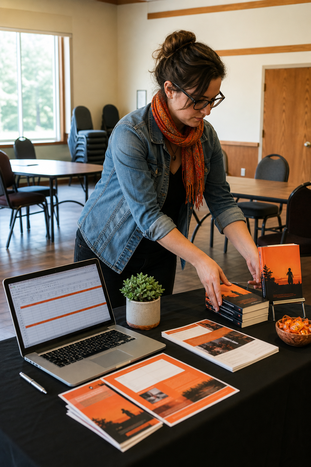 A realistic photo of an author setting up a table at a community center, with flyers and a laptop open to a booking spreadsheet. Alt: DIY author book tour planning in a community venue