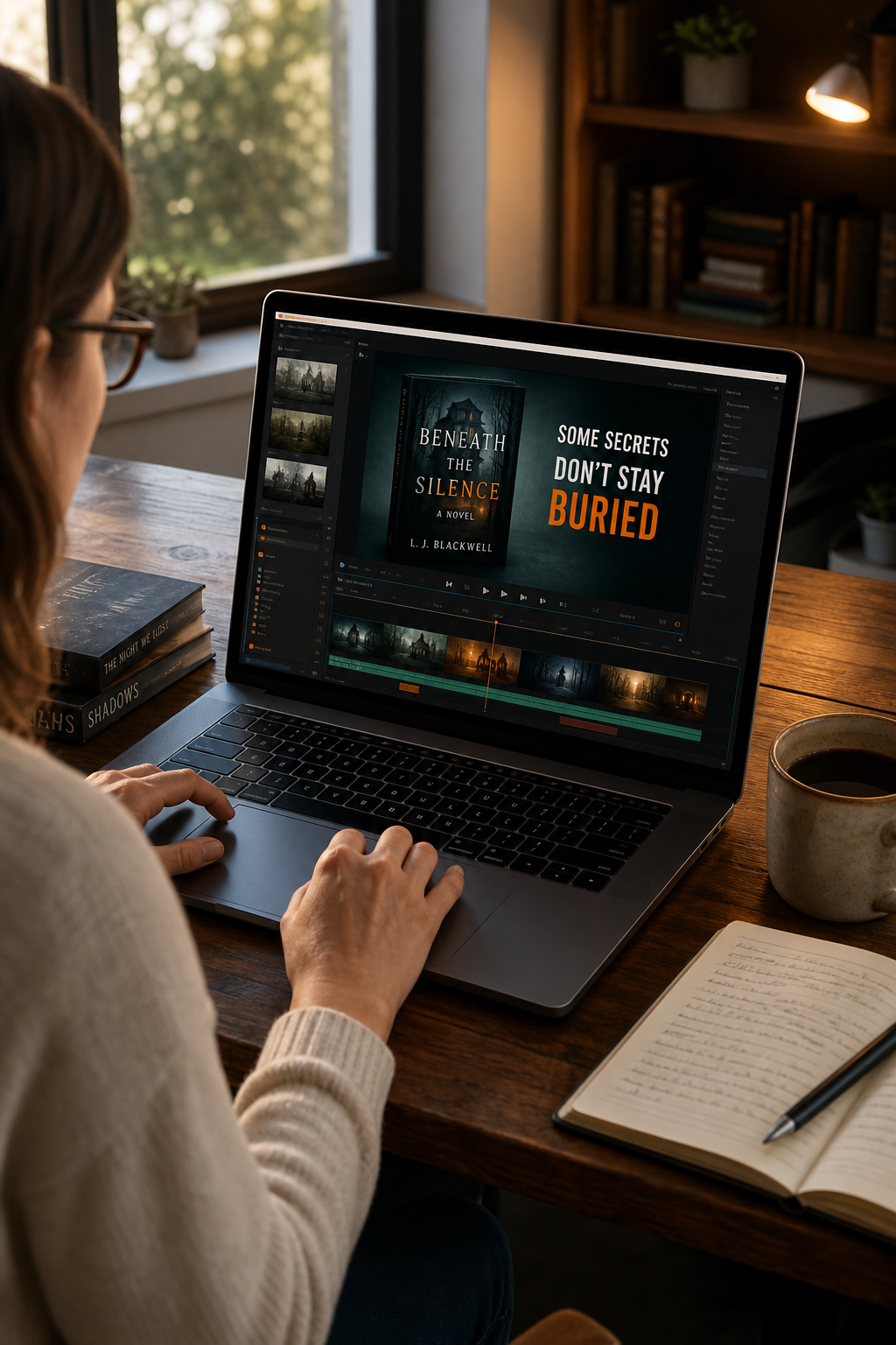 A realistic scene of an author sitting at a desk with a laptop open to a video editor, with book cover images and text overlays on the screen. Alt: Author using a design tool to create a book trailer on a laptop.