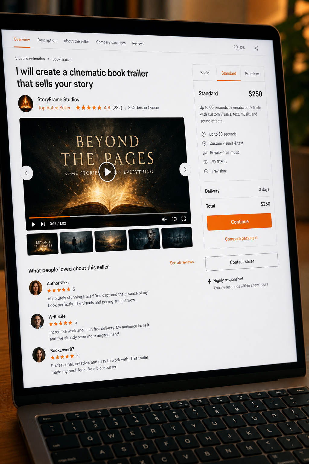 A realistic photo of a computer screen showing a freelance gig page for book trailer services, with reviews and pricing visible. Alt: Freelancer gig for book trailer service showing price and ratings.