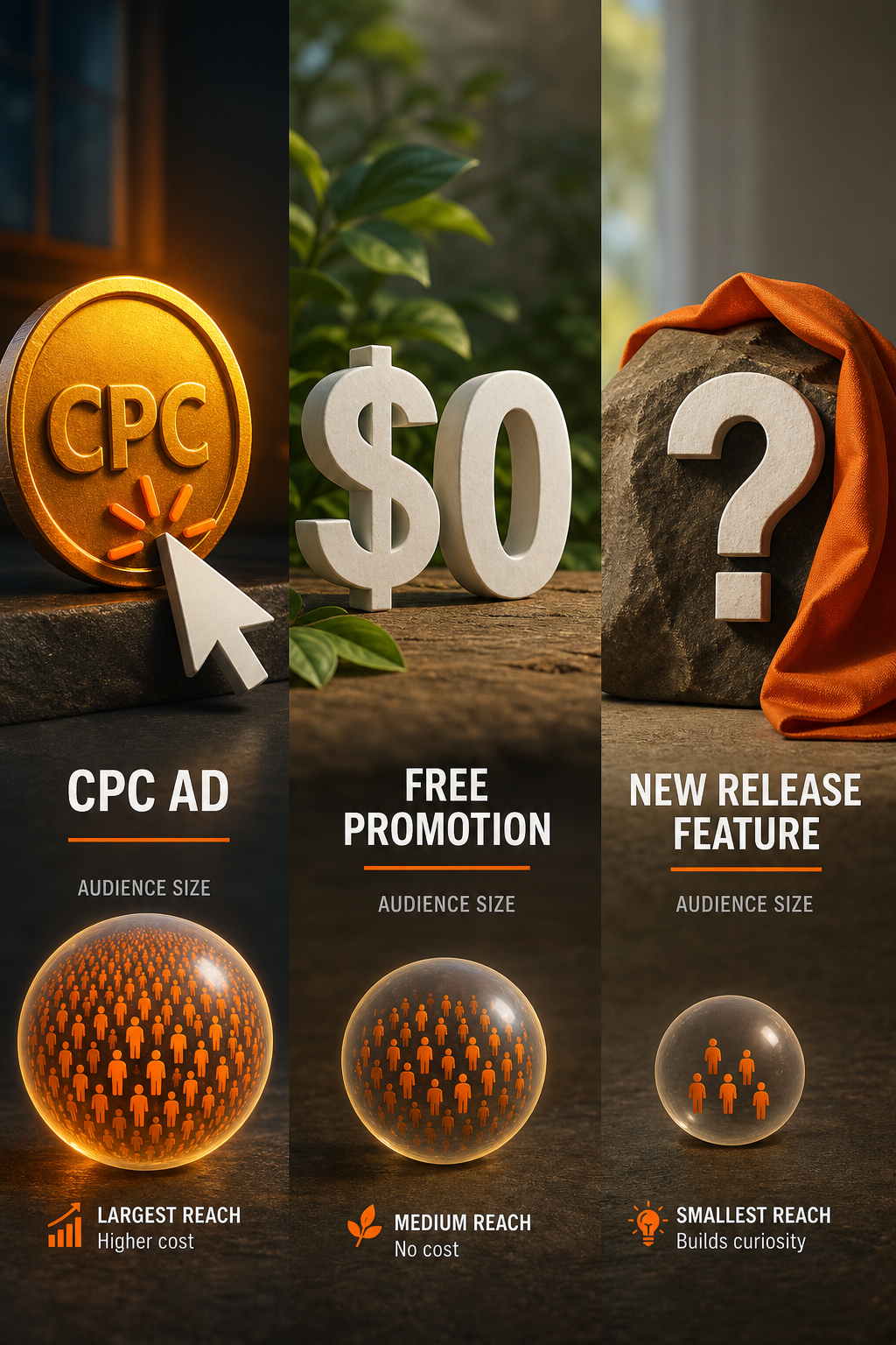A split-screen illustration showing three advertising options: a CPC ad with a coin and click icon, a free promotion with a zero-dollar sign, and a new release feature with a question mark. Represent the trade-offs visually with audience size bubbles. Alt: Comparison of three advertising options: CPC, Free Promotion, and New Release Feature.