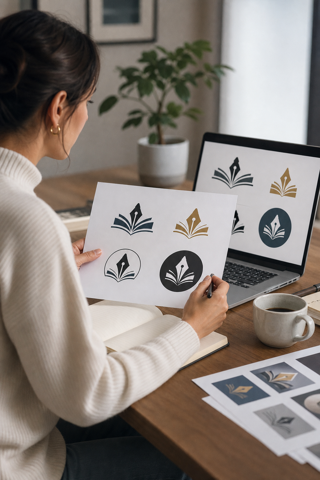 author reviewing custom logo design for brand.