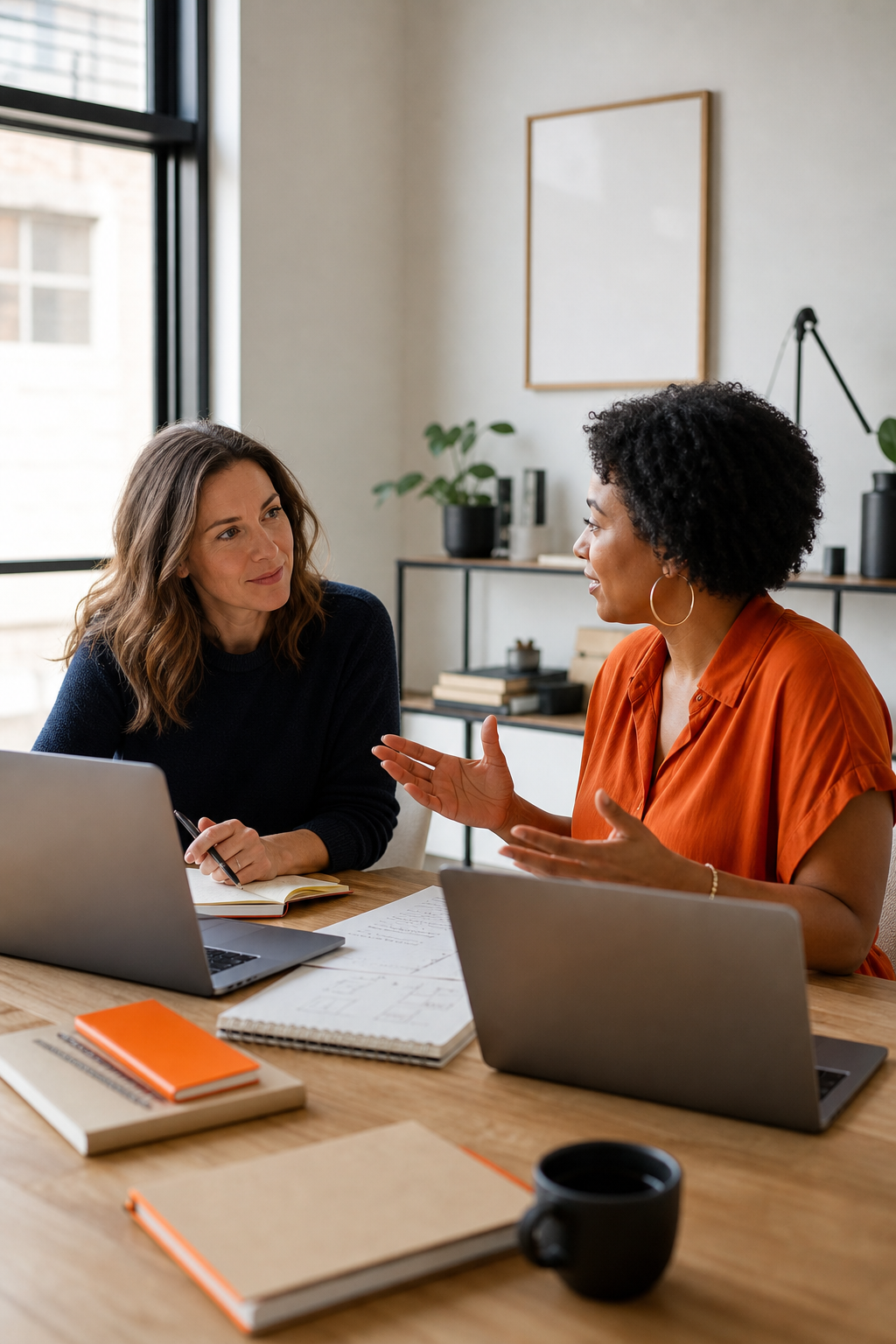 A realistic scene of a writer consulting with a branding strategist at a modern desk, laptops open, notes spread, natural light streaming in. Alt: author branding consultation