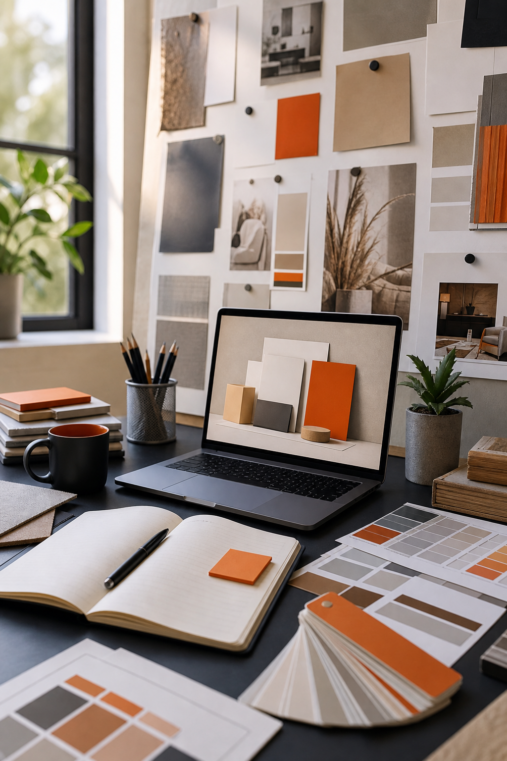 A realistic illustration of a designer’s workspace with mood boards, color swatches, and a laptop showing a branding mockup. Alt: visual branding agency workspace