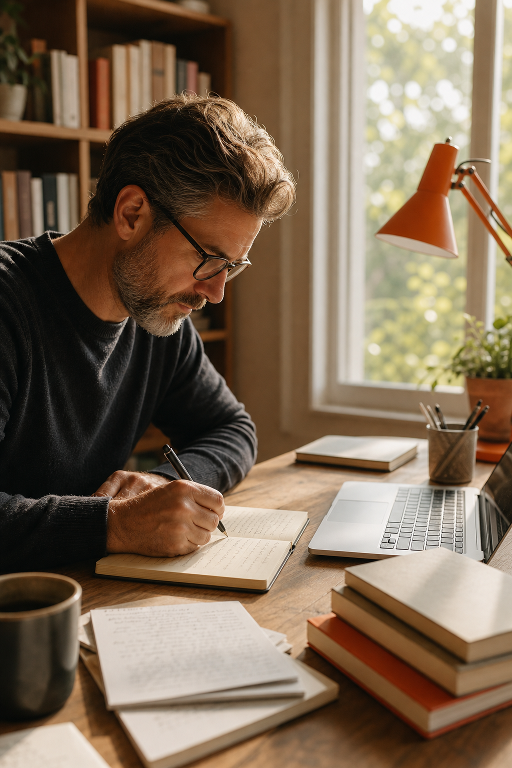 A non-fiction author writing at a sunlit wooden desk surrounded by stacked books, a laptop, and handwritten notes, warm natural light filling the room, realistic editorial style with an orange accent color on a desk lamp. Alt: non-fiction author building their brand story at a writing desk.