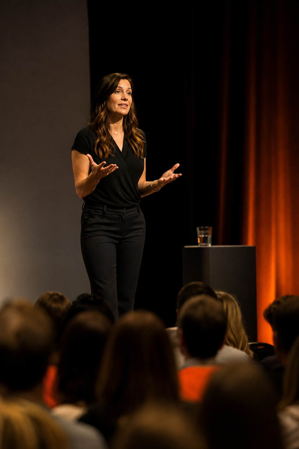 A speaker on a warmly lit stage addressing a large audience, a single spotlight illuminating her as she gestures openly with her hands, photorealistic conference scene with engaged listeners in the foreground. Alt: author speaker building personal brand through vulnerability and storytelling on stage.
