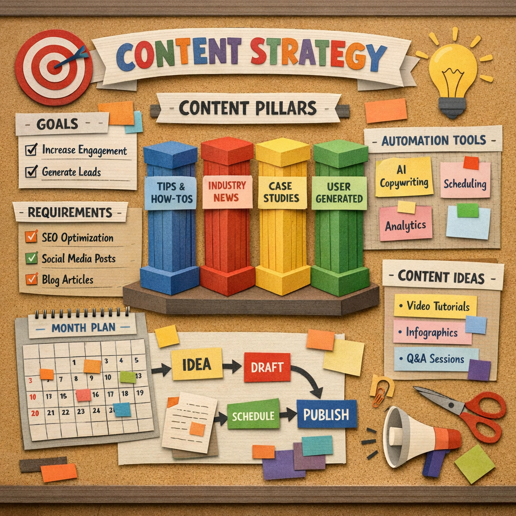 A papercraft style illustration of a brainstorming board with sticky notes, calendars, and content pillars. Alt: defining content goals and requirements for automated content creation software