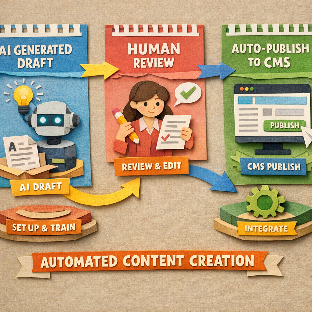 A papercraft style diagram showing a workflow with AI generating a draft, a human reviewer, and auto‑publish to a CMS. Alt: set up, integrate, and train automated content creation software