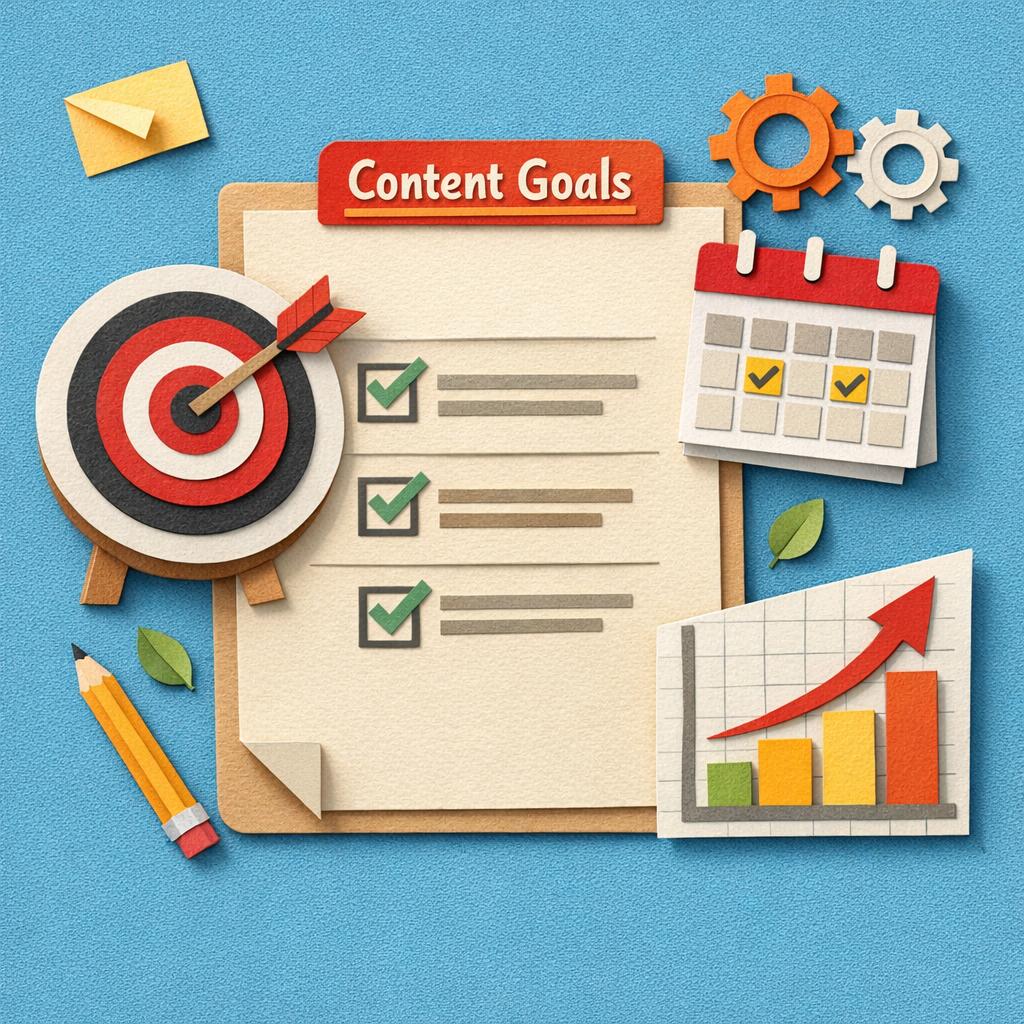A Papercraft illustration of a checklist with a target bullseye, a calendar, and a rising graph, representing content goal planning for an automated content creation tool. Alt: Content goals checklist for automated content creation tool.
