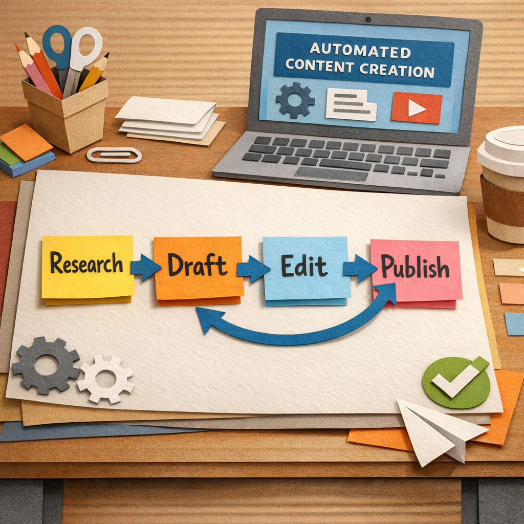 A Papercraft illustration of a workflow diagram with sticky notes labeled Research, Draft, Edit, Publish, and arrows connecting them, set on a desk with a laptop, representing an automated content creation tool process. Alt: Workflow diagram for automated content creation tool in papercraft style.