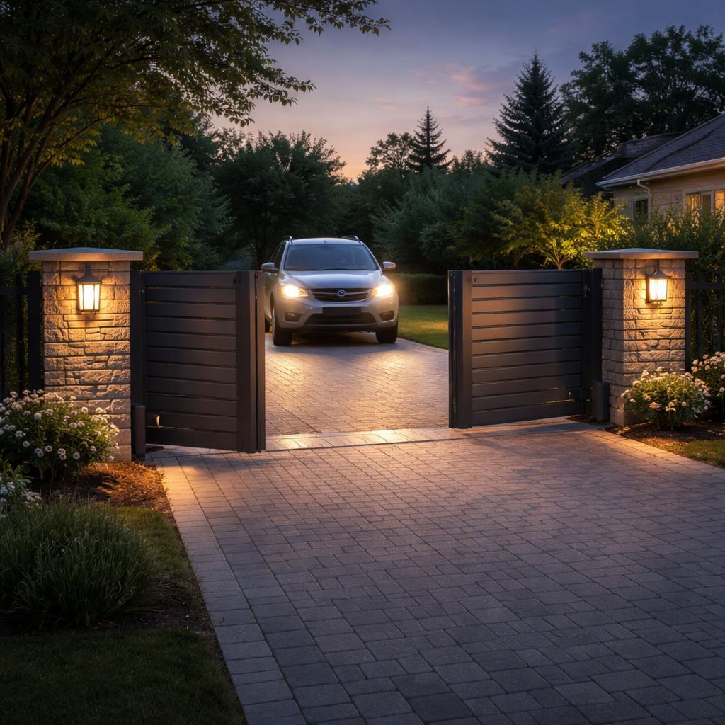A realistic scene of a suburban driveway at dusk, showing a modern automated gate with illuminated welcome lights and a car approaching. Alt: cost-effective automated gate solution for homeowners