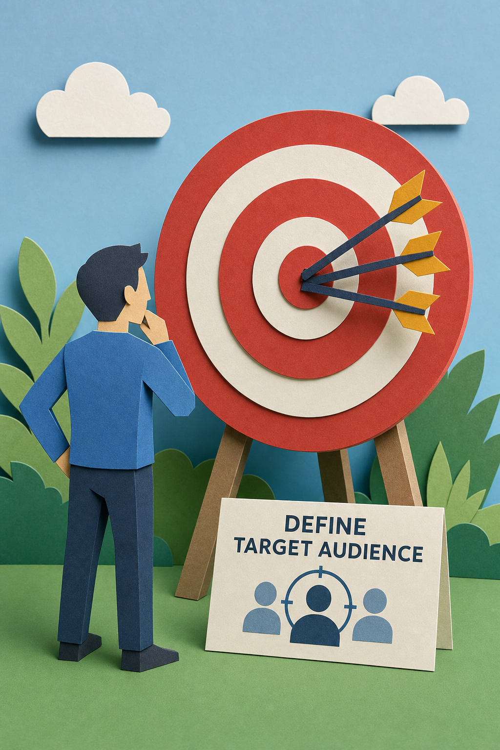A papercraft illustration showing a person standing in front of a large target with arrows hitting the bullseye, symbolizing targeted audience definition. Alt: Define target audience for automated lead generation software.
