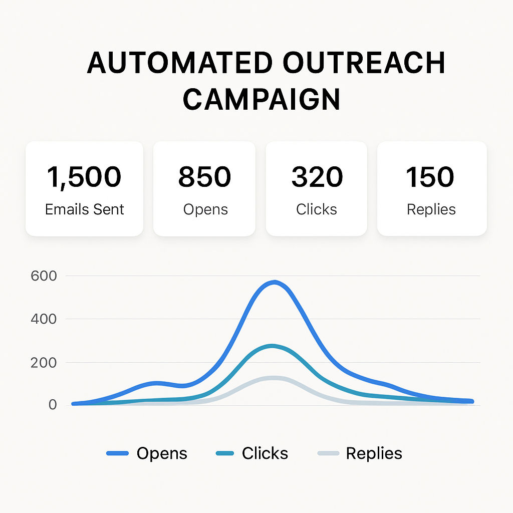 A clean dashboard view of an automated outreach campaign showing email opens, clicks, and replies. Alt: Automated outreach campaign performance dashboard with metrics.