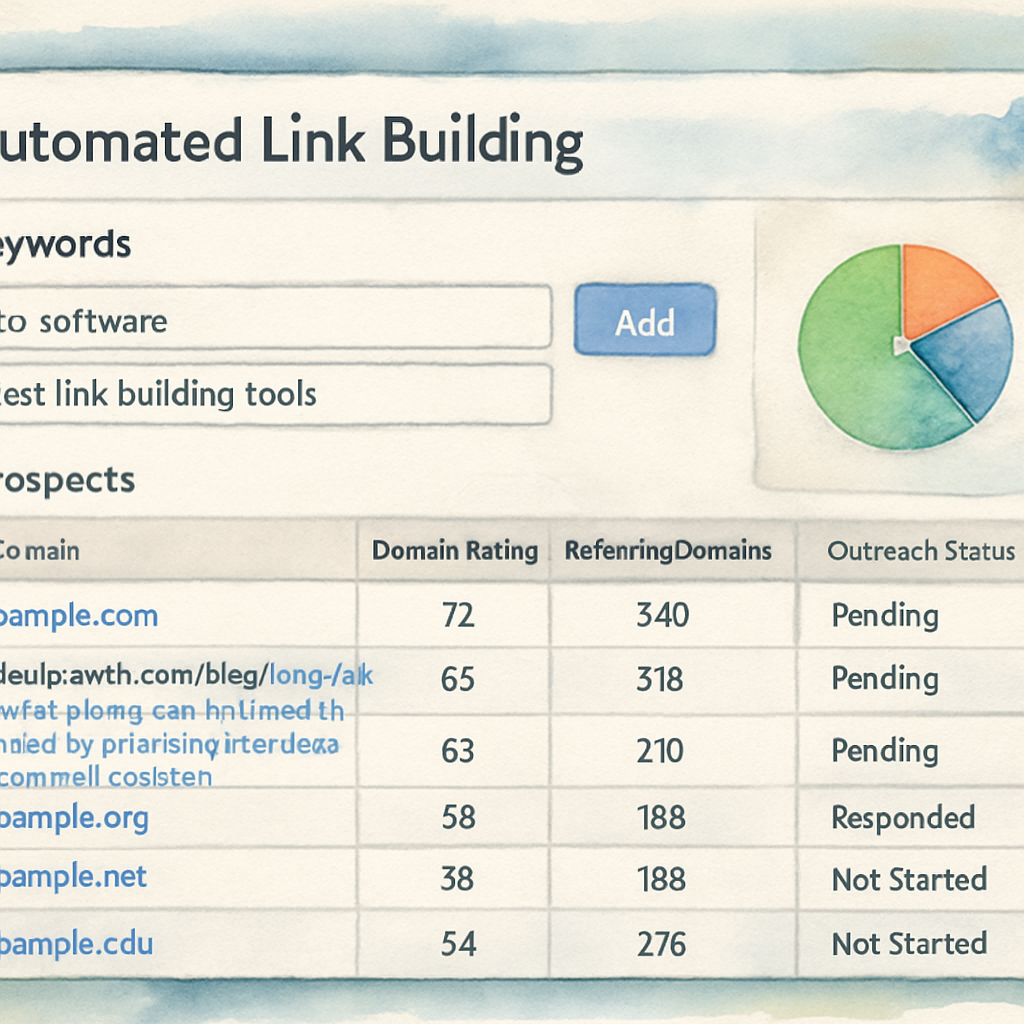 A sleek dashboard view of an automated link building platform showing keyword input fields, prospect list, and outreach status. Alt: Automated link building software dashboard with SEO metrics