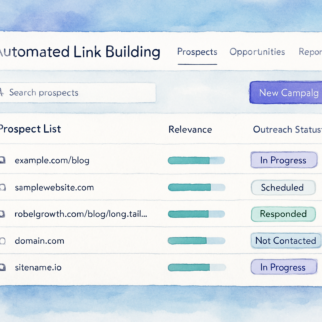 A sleek UI screenshot of an automated link building platform showing prospect list, relevance scores, and outreach status. Alt: Automated link building software dashboard with key feature highlights