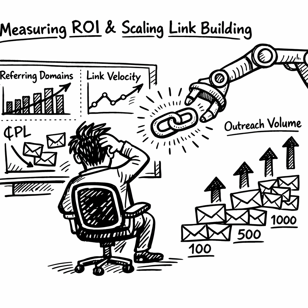 A doodle illustration of a startup founder looking at a dashboard filled with KPI charts (referring domains, link velocity, CPL) while a robot arm hands over a glowing backlink icon, with arrows showing scaling up outreach volume. Alt: Measuring ROI and scaling link building efforts in a doodle style.