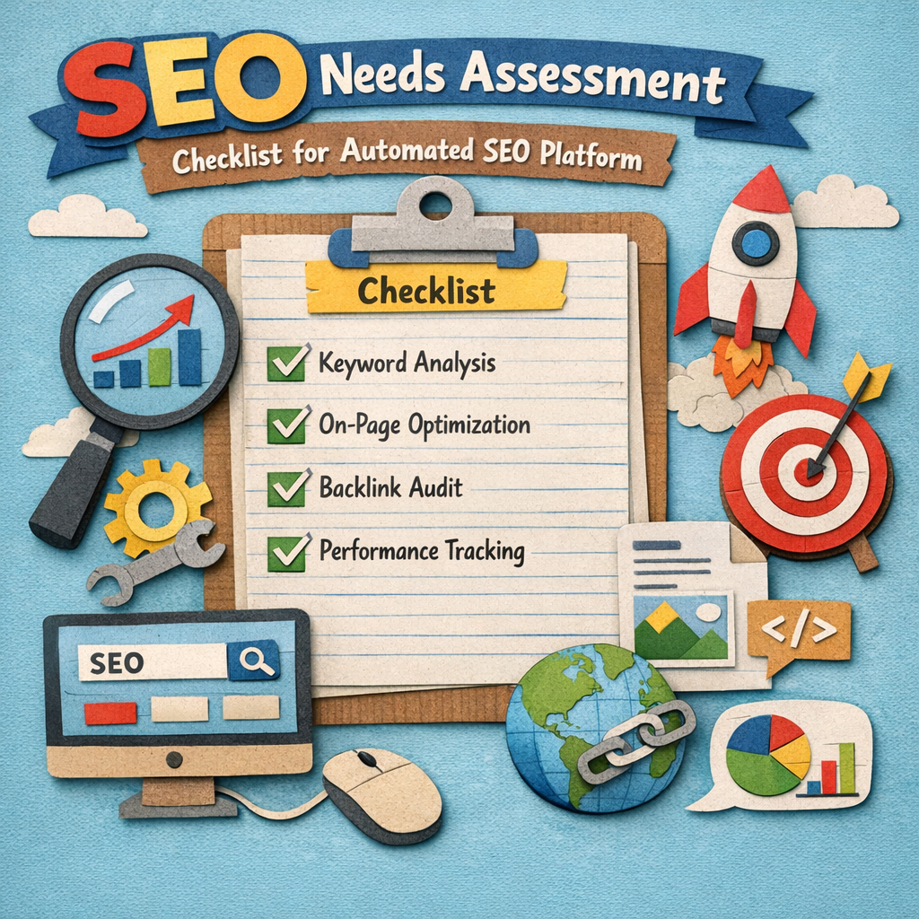 Papercraft style illustration of a roadmap with SEO goals, keywords, and metrics. Alt: automated SEO platform goal definition diagram.